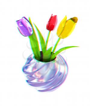 Tulips with leaf in vase. 3D illustration. Anaglyph. View with red/cyan glasses to see in 3D.