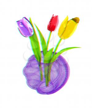 Tulips with leaf in vase. 3D illustration. Anaglyph. View with red/cyan glasses to see in 3D.