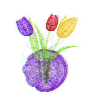 Tulips with leaf in vase. 3D illustration. Anaglyph. View with red/cyan glasses to see in 3D.