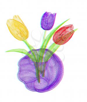 Tulips with leaf in vase. 3D illustration. Anaglyph. View with red/cyan glasses to see in 3D.