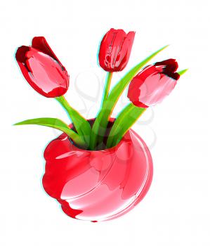 Tulips with leaf in vase. 3D illustration. Anaglyph. View with red/cyan glasses to see in 3D.