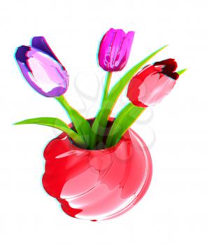 Tulips with leaf in vase. 3D illustration. Anaglyph. View with red/cyan glasses to see in 3D.