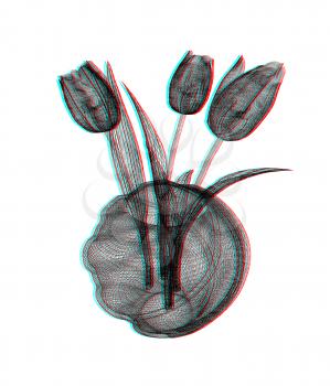 Tulips with leaf in vase. 3D illustration. Anaglyph. View with red/cyan glasses to see in 3D.