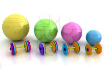 Fitness ball and dumbell. 3D illustration. Anaglyph. View with red/cyan glasses to see in 3D.