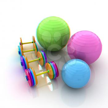 Fitness ball and dumbell. 3D illustration. Anaglyph. View with red/cyan glasses to see in 3D.