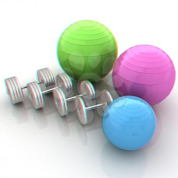 Fitness ball and dumbell. 3D illustration. Anaglyph. View with red/cyan glasses to see in 3D.