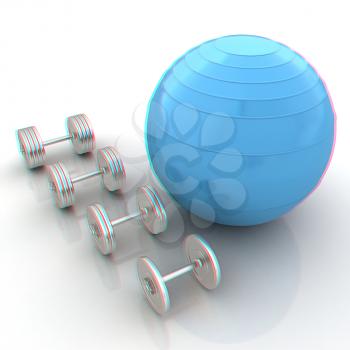 Fitness ball and dumbell. 3D illustration. Anaglyph. View with red/cyan glasses to see in 3D.