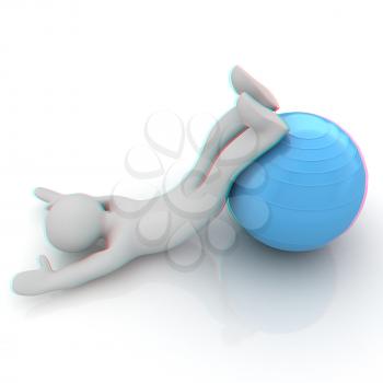 3d man exercising position on fitness ball. My biggest pilates series. 3D illustration. Anaglyph. View with red/cyan glasses to see in 3D.