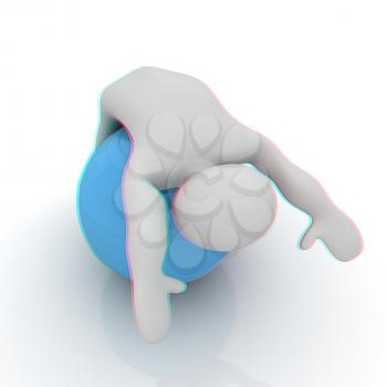 3d man exercising position on fitness ball. My biggest pilates series. 3D illustration. Anaglyph. View with red/cyan glasses to see in 3D.