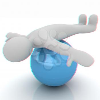 3d man exercising position on fitness ball. My biggest pilates series. 3D illustration. Anaglyph. View with red/cyan glasses to see in 3D.