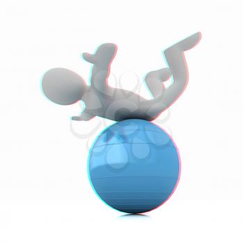 3d man exercising position on fitness ball. My biggest pilates series. 3D illustration. Anaglyph. View with red/cyan glasses to see in 3D.