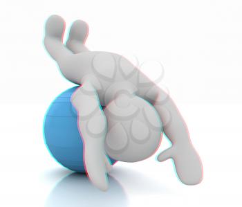 3d man exercising position on fitness ball. My biggest pilates series. 3D illustration. Anaglyph. View with red/cyan glasses to see in 3D.