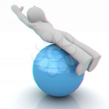 3d man exercising position on fitness ball. My biggest pilates series. 3D illustration. Anaglyph. View with red/cyan glasses to see in 3D.