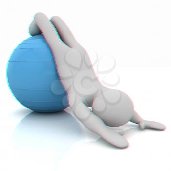 3d man exercising position on fitness ball. My biggest pilates series. 3D illustration. Anaglyph. View with red/cyan glasses to see in 3D.