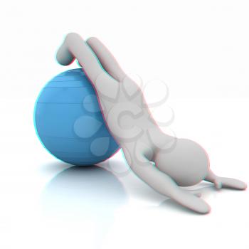 3d man exercising position on fitness ball. My biggest pilates series. 3D illustration. Anaglyph. View with red/cyan glasses to see in 3D.