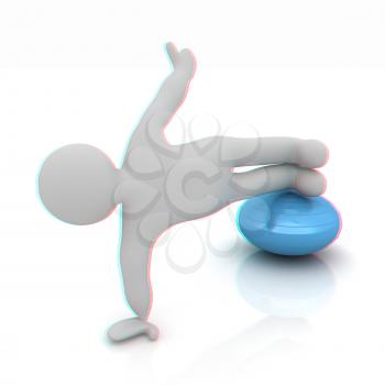 3d man exercising position on fitness ball. My biggest pilates series. 3D illustration. Anaglyph. View with red/cyan glasses to see in 3D.