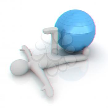 3d man exercising position on fitness ball. My biggest pilates series. 3D illustration. Anaglyph. View with red/cyan glasses to see in 3D.