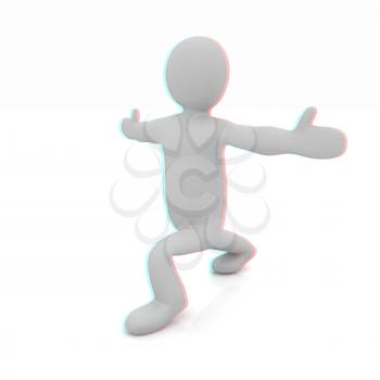 3d man isolated on white. Series: morning exercises - flexibility exercises and stretching. 3D illustration. Anaglyph. View with red/cyan glasses to see in 3D.