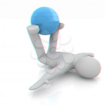 3d man exercising position on fitness ball. My biggest pilates series. 3D illustration. Anaglyph. View with red/cyan glasses to see in 3D.