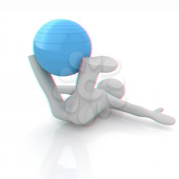 3d man exercising position on fitness ball. My biggest pilates series. 3D illustration. Anaglyph. View with red/cyan glasses to see in 3D.