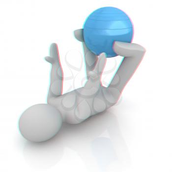 3d man exercising position on fitness ball. My biggest pilates series. 3D illustration. Anaglyph. View with red/cyan glasses to see in 3D.