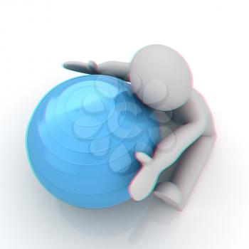 3d man exercising position on fitness ball. My biggest pilates series. 3D illustration. Anaglyph. View with red/cyan glasses to see in 3D.