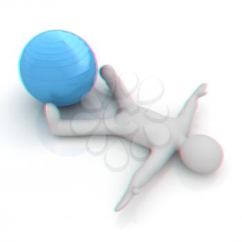 3d man exercising position on fitness ball. My biggest pilates series. 3D illustration. Anaglyph. View with red/cyan glasses to see in 3D.