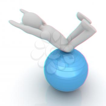 3d man exercising position on fitness ball. My biggest pilates series. 3D illustration. Anaglyph. View with red/cyan glasses to see in 3D.