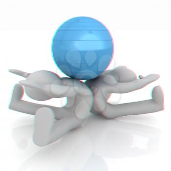 3d man exercising position on fitness ball. My biggest pilates series. 3D illustration. Anaglyph. View with red/cyan glasses to see in 3D.