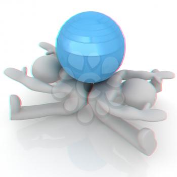 3d man exercising position on fitness ball. My biggest pilates series. 3D illustration. Anaglyph. View with red/cyan glasses to see in 3D.