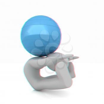 3d man exercising position on fitness ball. My biggest pilates series. 3D illustration. Anaglyph. View with red/cyan glasses to see in 3D.