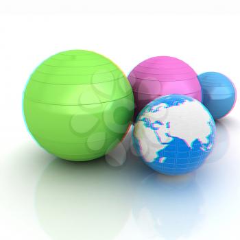 Pilates fitness ball and earth. 3D illustration. Anaglyph. View with red/cyan glasses to see in 3D.