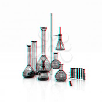 Chemistry set, with test tubes, and beakers filled with colored liquids. 3D illustration. Anaglyph. View with red/cyan glasses to see in 3D.