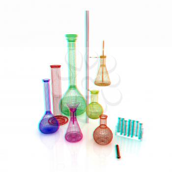 Chemistry set, with test tubes, and beakers filled with colored liquids. 3D illustration. Anaglyph. View with red/cyan glasses to see in 3D.