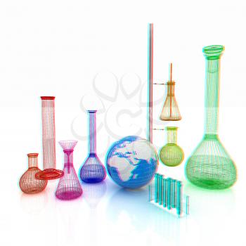 Chemistry set, with test tubes, and beakers filled with colored liquids and Earth. 3D illustration. Anaglyph. View with red/cyan glasses to see in 3D.