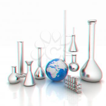 Chemistry set, with test tubes, and beakers filled with colored liquids and Earth. 3D illustration. Anaglyph. View with red/cyan glasses to see in 3D.