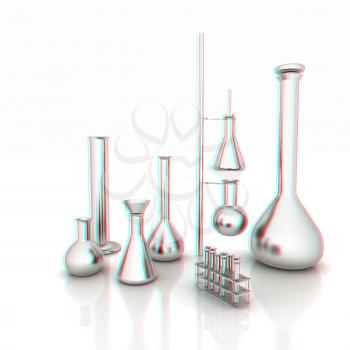 Chemistry set, with test tubes, and beakers filled with colored liquids. 3D illustration. Anaglyph. View with red/cyan glasses to see in 3D.