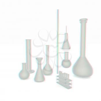 Chemistry set, with test tubes, and beakers filled with colored liquids. 3D illustration. Anaglyph. View with red/cyan glasses to see in 3D.