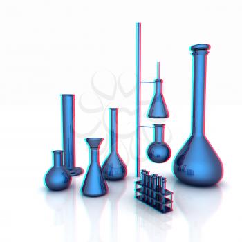 Chemistry set, with test tubes, and beakers filled with colored liquids. 3D illustration. Anaglyph. View with red/cyan glasses to see in 3D.