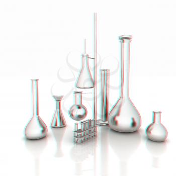 Chemistry set, with test tubes, and beakers filled with colored liquids. 3D illustration. Anaglyph. View with red/cyan glasses to see in 3D.