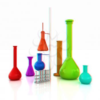 Chemistry set, with test tubes, and beakers filled with colored liquids. 3D illustration. Anaglyph. View with red/cyan glasses to see in 3D.