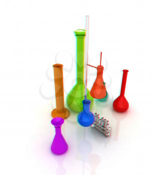 Chemistry set, with test tubes, and beakers filled with colored liquids. 3D illustration. Anaglyph. View with red/cyan glasses to see in 3D.