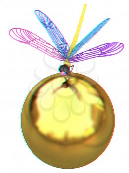 Dragonfly on abstract design sphere. 3D illustration. Anaglyph. View with red/cyan glasses to see in 3D.