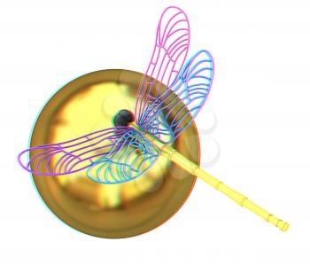 Dragonfly on abstract design sphere. 3D illustration. Anaglyph. View with red/cyan glasses to see in 3D.