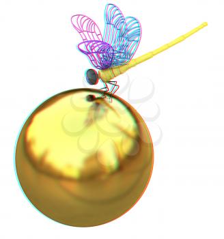 Dragonfly on abstract design sphere. 3D illustration. Anaglyph. View with red/cyan glasses to see in 3D.