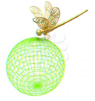 Dragonfly on abstract design sphere. 3D illustration. Anaglyph. View with red/cyan glasses to see in 3D.