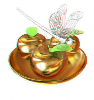 Dragonfly on gold apples. 3D illustration. Anaglyph. View with red/cyan glasses to see in 3D.