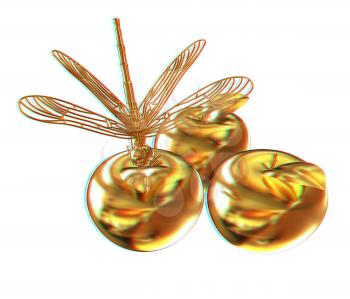 Dragonfly on gold apples. 3D illustration. Anaglyph. View with red/cyan glasses to see in 3D.