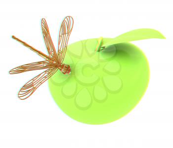 Dragonfly on apple. 3D illustration. Anaglyph. View with red/cyan glasses to see in 3D.