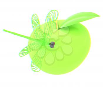 Dragonfly on apple. 3D illustration. Anaglyph. View with red/cyan glasses to see in 3D.